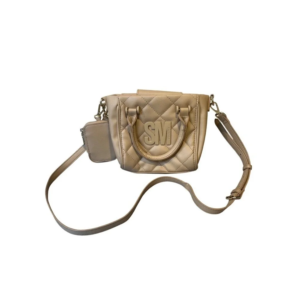 Steve Madden SM Quilted Satchel Bag Purse Top Handle Crossbody Beige